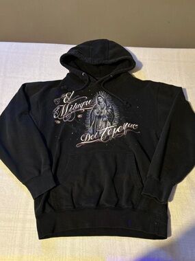 Black Graphic Zip-Up Sweater with Religious Chest Artwork